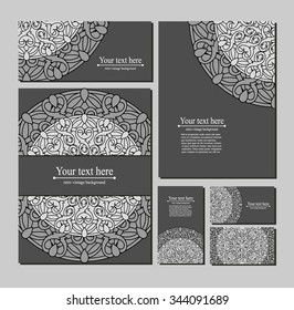 Set templates business cards and invitations with circular patterns of mandalas. Corporate style for your documents. Vector illustration