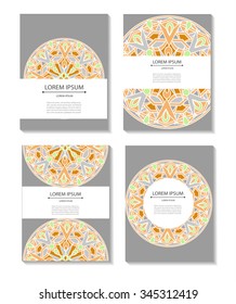 Set templates business cards and invitations with circular patterns of mandalas. Corporate style for your documents. Vector illustration