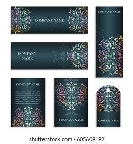 Set of templates for business cards.Colored vector illustration for corporate identity, individual cards, form style. Leaflets for advertising or company descriptions. Front page with colored pattern.