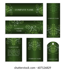 Set of templates for business cards.Colored vector illustration for corporate identity, individual cards, form style. Leaflets for advertising or company descriptions. Front page with green pattern.