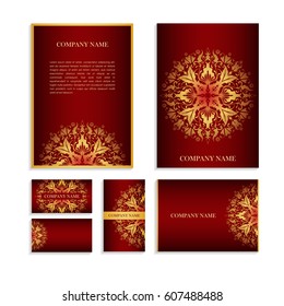 Set of templates for business cards.Colored vector illustration for corporate identity, individual cards, form style. Leaflets for advertising or company descriptions. Front page with yellow pattern.