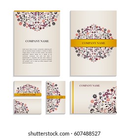 Set of templates for business cards.Colored vector illustration for corporate identity, individual cards, form style. Leaflets for advertising or company descriptions. Front page with floral pattern.