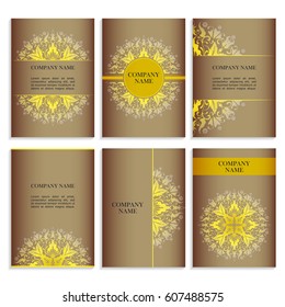 Set of templates for business cards.Colored vector illustration for corporate identity, individual cards, form style. Leaflets for advertising or company descriptions. Front page with yeliow pattern.