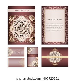 Set of templates for business cards.Colored vector illustration for corporate identity, individual cards, form style. Leaflets for advertising or company descriptions. Front page with colored pattern.