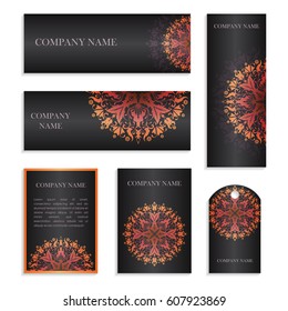 Set of templates for business cards.Colored vector illustration for corporate identity, individual cards, form style. Leaflets for advertising or company descriptions. Front page with colored pattern.