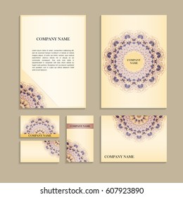 Set of templates for business cards.Colored vector illustration for corporate identity, individual cards, form style. Leaflets for advertising or company descriptions. Front page with colored pattern.