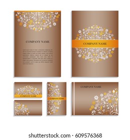 Set of templates for business cards.Colored vector illustration for corporate identity, individual cards, form style. Leaflets for advertising or company descriptions. Front page with floral pattern.