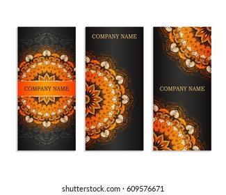 Set of templates for business cards.Colored vector illustration for corporate identity, individual cards, form style. Leaflets for advertising or company descriptions. Front page with orange pattern.