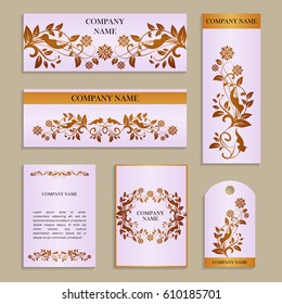 Set of templates for business cards.Colored vector illustration for corporate identity, individual cards, form style. Leaflets for advertising or company descriptions. Front page with floral pattern.