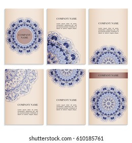 Set of templates for business cards.Colored vector illustration for corporate identity, individual cards, form style. Leaflets for advertising or company descriptions. Front page with blue pattern.