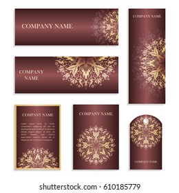 Set of templates for business cards.Colored vector illustration for corporate identity, individual cards, form style. Leaflets for advertising or company descriptions. Front page with colored pattern.