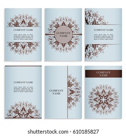 Set of templates for business cards.Colored vector illustration for corporate identity, individual cards, form style. Leaflets for advertising or company descriptions. Front page with brown pattern.