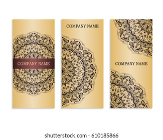 Set of templates for business cards.Colored vector illustration for corporate identity, individual cards, form style. Leaflets for advertising or company descriptions. Front page with black pattern.
