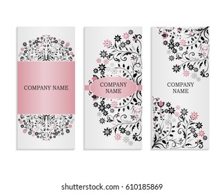 Set of templates for business cards.Colored vector illustration for corporate identity, individual cards, form style. Leaflets for advertising or company descriptions. Front page with floral pattern.
