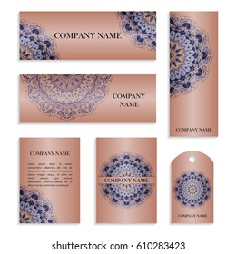 Set of templates for business cards.Colored vector illustration for corporate identity, individual cards, form style. Leaflets for advertising or company descriptions. Front page with blue pattern.