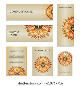 Set of templates for business cards.Colored vector illustration for corporate identity, individual cards, form style. Leaflets for advertising or company descriptions. Front page with orange pattern.