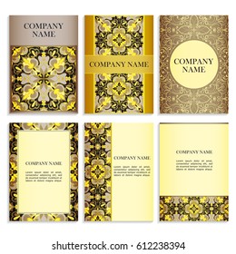Set of templates for business cards.Colored vector illustration for corporate identity, individual cards, form style. Leaflets for advertising or company descriptions. Front page with yellow pattern.