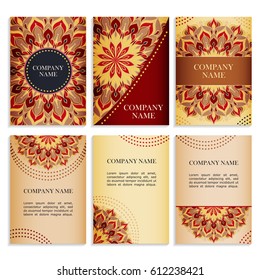 Set of templates for business cards.Colored vector illustration for corporate identity, individual cards, form style. Leaflets for advertising or company descriptions. Front page with colored pattern.