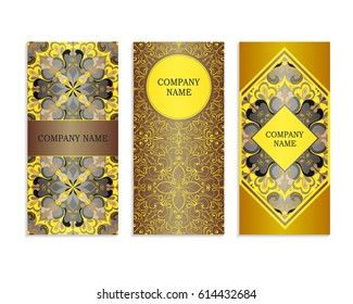 Set of templates for business cards.Colored vector illustration for corporate identity, individual cards, form style. Leaflets for advertising or company descriptions. Front page with yellow pattern.