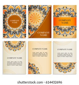 Set of templates for business cards.Colored vector illustration for corporate identity, individual cards, form style. Leaflets for advertising or company descriptions. Front page with orange pattern.