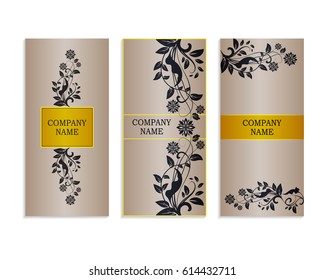 Set of templates for business cards.Colored vector illustration for corporate identity, individual cards, form style. Leaflets for advertising or company descriptions. Front page with floral pattern.