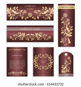 Set of templates for business cards.Colored vector illustration for corporate identity, individual cards, form style. Leaflets for advertising or company descriptions. Front page with floral pattern.