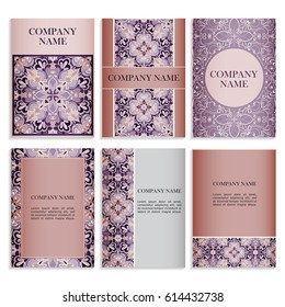 Set of templates for business cards.Colored vector illustration for corporate identity, individual cards, form style. Leaflets for advertising or company descriptions. Front page with violet pattern.