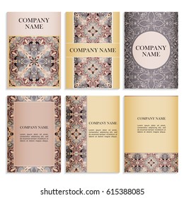 Set of templates for business cards.Colored vector illustration for corporate identity, individual cards, form style. Leaflets for advertising or company descriptions. Front page with colored pattern.