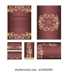 Set of templates for business cards.Colored vector illustration for corporate identity, individual cards, form style. Leaflets for advertising or company descriptions. Front page with floral pattern.