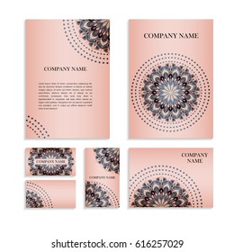 Set of templates for business cards.Colored vector illustration for corporate identity, individual cards, form style. Leaflets for advertising or company descriptions. Front page with gray pattern.