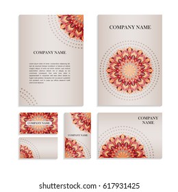 Set of templates for business cards.Colored vector illustration for corporate identity, individual cards, form style. Leaflets for advertising or company descriptions. Front page with red pattern.