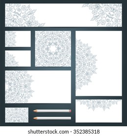 Set of templates of business documents with the design of a round ornament.