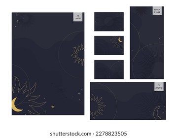 A set of templates for business printing in a celestial or mystic style. Gold suns, moons and stars on a dark blue background. EPS 10.