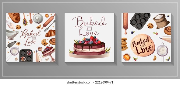 Set of templates cards for bakeries,cafe,banners,flyers,posters,confectioners. Vector illustration of three squares with different kitchenware,pastry and text on white background.Isolated on gray.