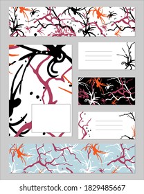Set of templates for cards, banners and bookmarks with abstract texture. Multicolored pattern of blots, branches and dots. Halloween party set.
