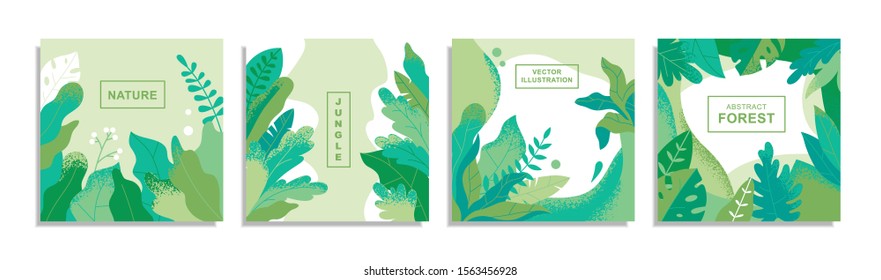 Set of templates for cards, banners, posters, covers or website. Abstract leaves and flowers. Flat cartoon modern illustration. Vector elements isolated on white background.