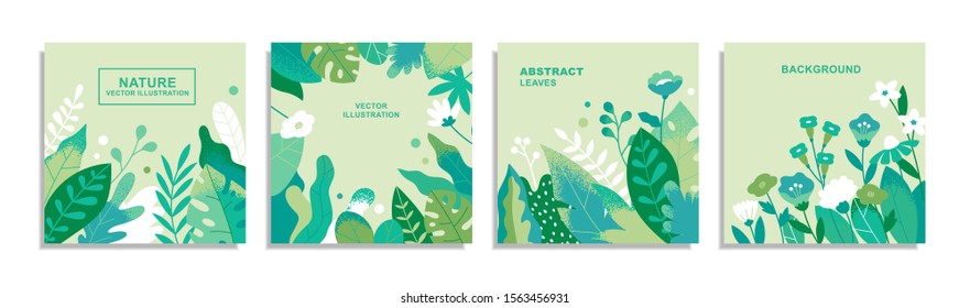 Set of templates for cards, banners, posters, covers or website. Abstract leaves and flowers. Flat cartoon modern illustration. Vector elements isolated on white background.