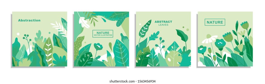 Set of templates for cards, banners, posters, covers or website. Abstract leaves and flowers. Flat cartoon modern illustration. Vector elements isolated on white background.