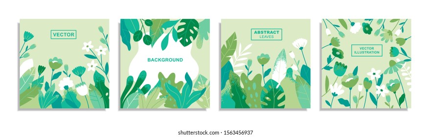 Set of templates for cards, banners, posters, covers or website. Abstract leaves and flowers. Flat cartoon modern illustration. Vector elements isolated on white background.