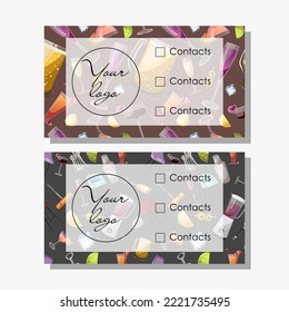 Set of templates cards for bars,flyers,posters,pubs,bartenders.Vector illustration of seamless pattern of bar tools and cocktails, white horizontal background and text Logo, contacts.Isolated