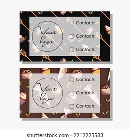 Set of templates cards for confectioners,flyers,posters,bakeries.Vector illustration of seamless pattern of kitchen utensils and pastry, white horizontal background and text Logo, contacts.Isolated