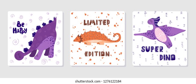 Set of templates cards with Cute cartoon dino and lettering in scandinavian style, on white background, vector illustration for nursery poster, print, greeting card