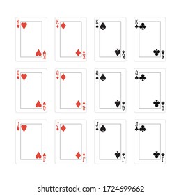 Set of templates for the cards design with King, Queen and Jack symbols. 
Size and proportions of poker cards. Face of playing deck. Hearts, Diamonds, Spades, Clubs. Isolated on white background.