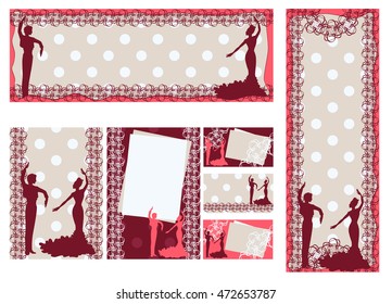 Set of templates for cards, flyers, tickets with silhouettes flamenco dancers, men and women, and an ornament in the form of lace.
