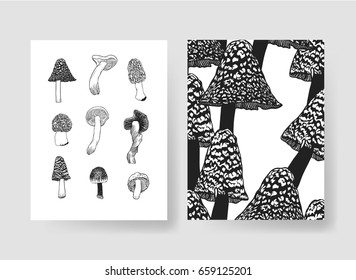Set of templates cards. Hand drawn vector patterns brochures. Actual artistic design with mushrooms