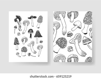 Set of templates cards. Hand drawn vector patterns brochures. Actual artistic design with mushrooms