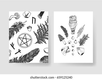 Set of templates cards. Hand drawn vector patterns brochures. Actual artistic design with mushrooms