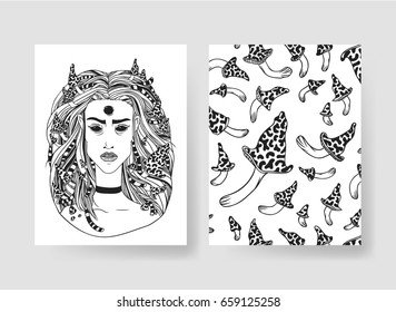 Set of templates cards. Hand drawn vector patterns brochures. Actual artistic design with mushrooms