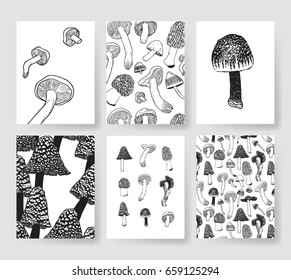 Set of templates cards. Hand drawn vector patterns brochures. Actual artistic design with mushrooms