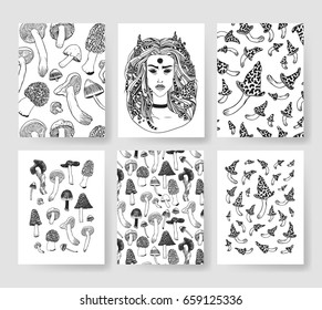 Set of templates cards. Hand drawn vector patterns brochures. Actual artistic design with mushrooms